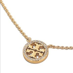 NWOT Tory Burch Gold Tone Delicate Crystal Iconic Miller Logo Pendant Necklace